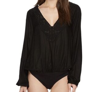 Free People Black Lace V-Neck Bodysuit